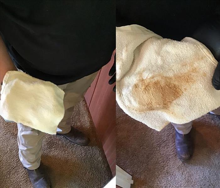 before and after of a towel used to clean nicotine from a wall.