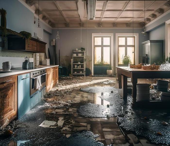 Interior of home kitchen damaged by a flood water full of goods.